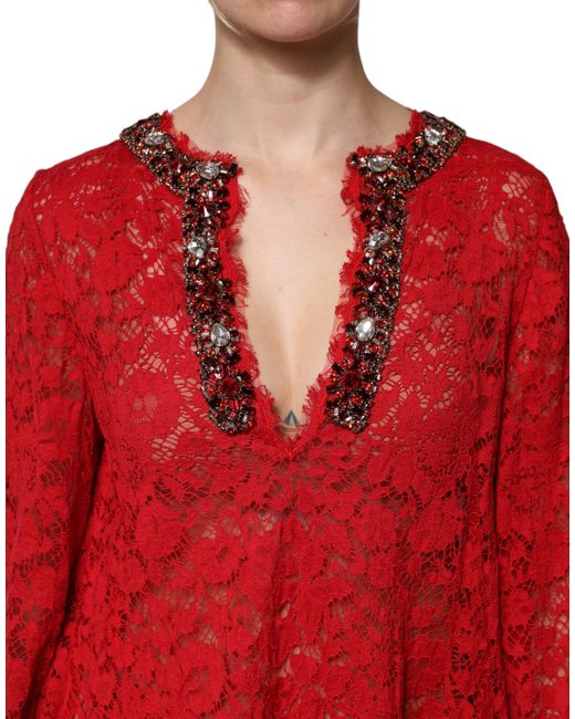 Dolce & Gabbana Red Floral Lace Rhinestone Embellished Dress