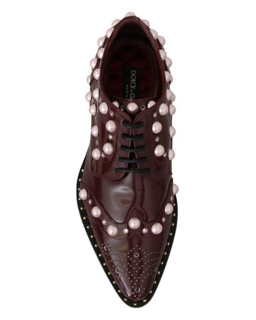 Dolce & Gabbana Multicolor Elegant Bordeaux Lace-Up Flats With Pearls And Crystals