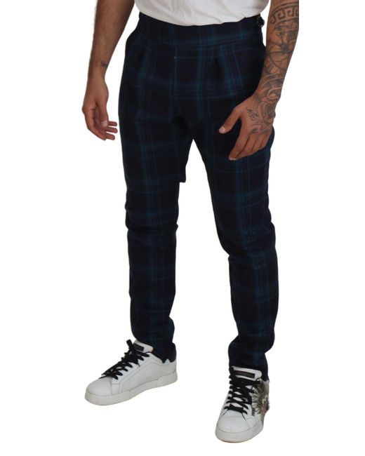 Dolce & Gabbana Blue Plaid Wool Trousers Pants for men