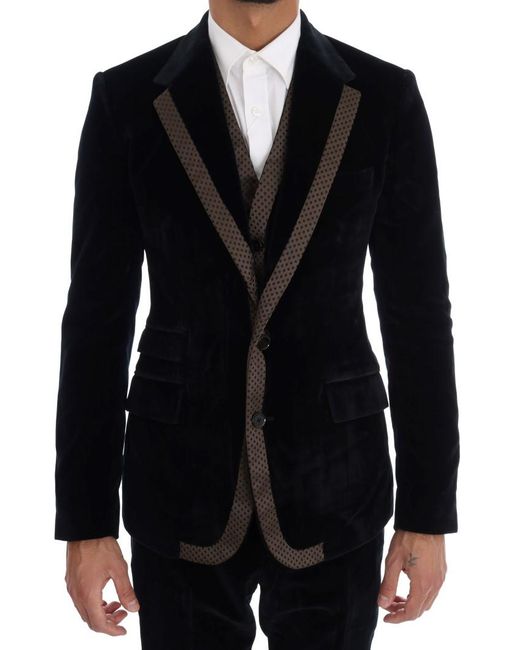Dolce & Gabbana Black Velvet Two Button Slim 3 Piece Suit for men