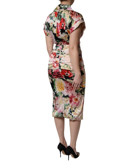 Dolce & Gabbana Red Floral Short Sleeves Sheath Midi Dress