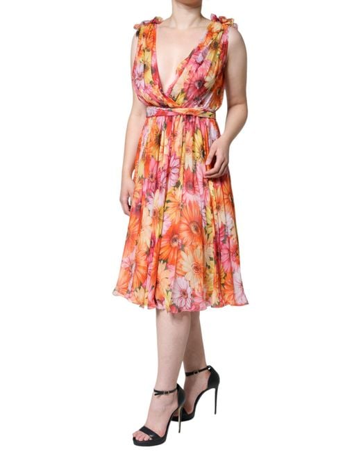 Dolce & Gabbana Red Floral Sleeveless V-Neck Midi Dress