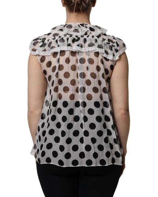 Dolce & Gabbana White Polka Dot Silk Blouse Ruffled Neckline