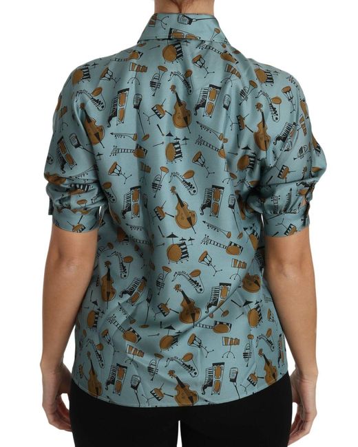 Dolce & Gabbana Blue Musical Instruments Silk Short Sleeve Shirt
