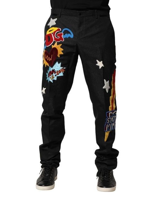 Dolce & Gabbana Black Embroidered Patchwork Pants for men
