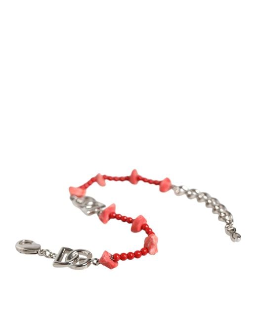 Dolce & Gabbana Red Tone Brass Beaded Resin Dg Logo Chain Bracelet