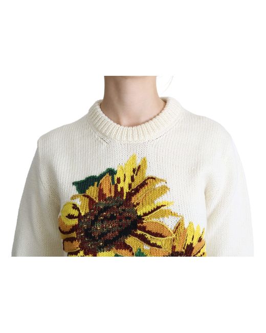 Dolce & Gabbana Gray White Floral Wool Pullover Sunflower Sweater