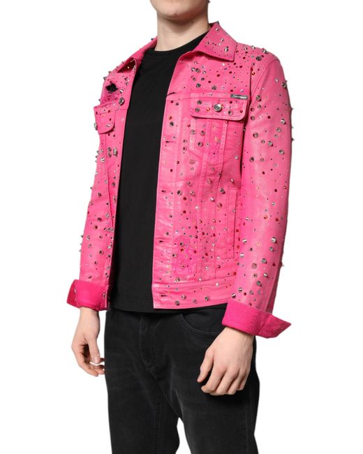 Dolce & Gabbana Pink Denim Jacket Crystal Studded for men