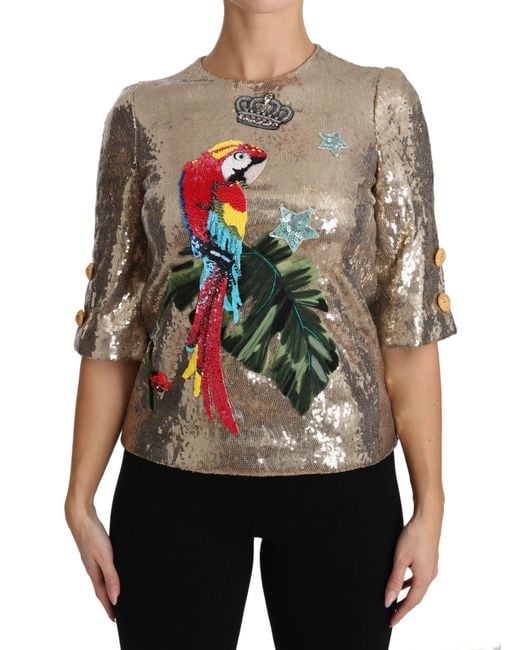 Dolce & Gabbana Brown Sequined Parrot Crystal Blouse Elastane