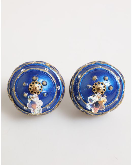 Dolce & Gabbana Blue Brass Christmas Ball Crystal Drop Clip On Earrings