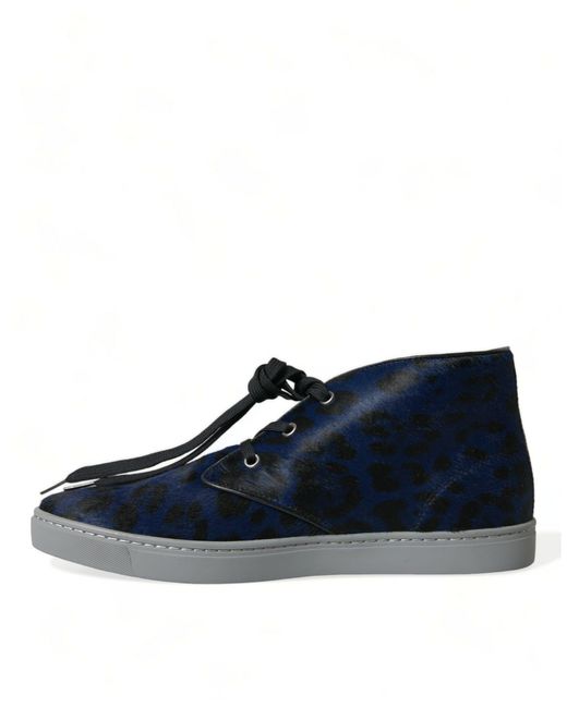 Dolce & Gabbana Blue Calfskin Leopard Mid Top Sneakers Shoes for men