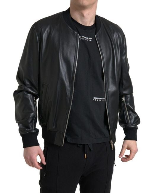 Dolce & Gabbana Black Leather Full Zip Bomberjacket for men