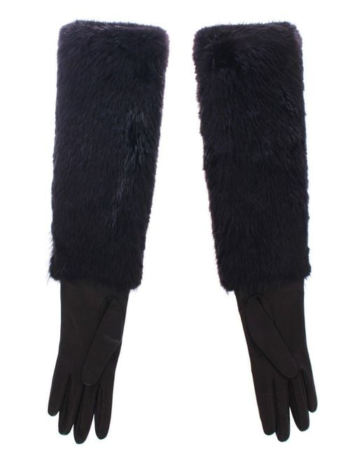 Dolce & Gabbana Blue Beaver Fur Lambskin Leather Elbow Gloves