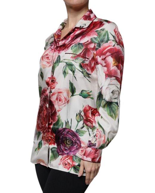 Dolce & Gabbana Gray Peony Silk Long Sleeves Collared Blouse Top
