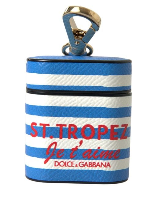 Dolce & Gabbana Blue Stripe Dauphine Leather Logo Print Airpod Case Accessory