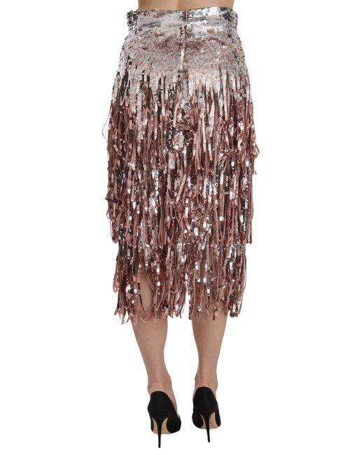 Dolce & Gabbana Metallic Sequin Embellished Fringe Midi Pencil Skirt