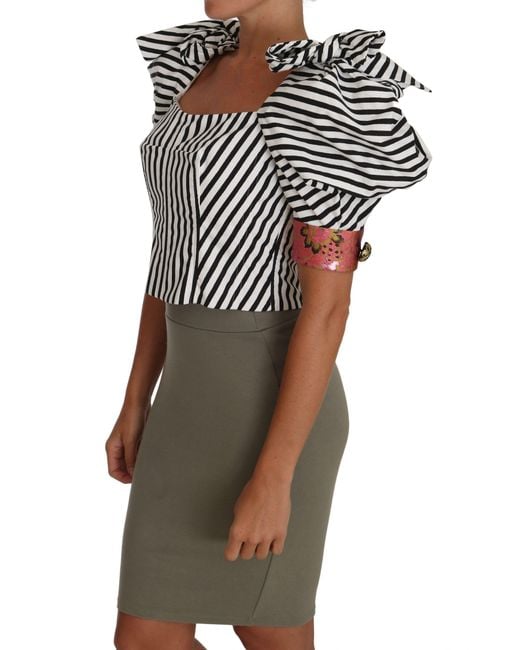 Dolce & Gabbana Dolce Gabbana White Black Striped Cropped Top Puff Sleeve Shirts