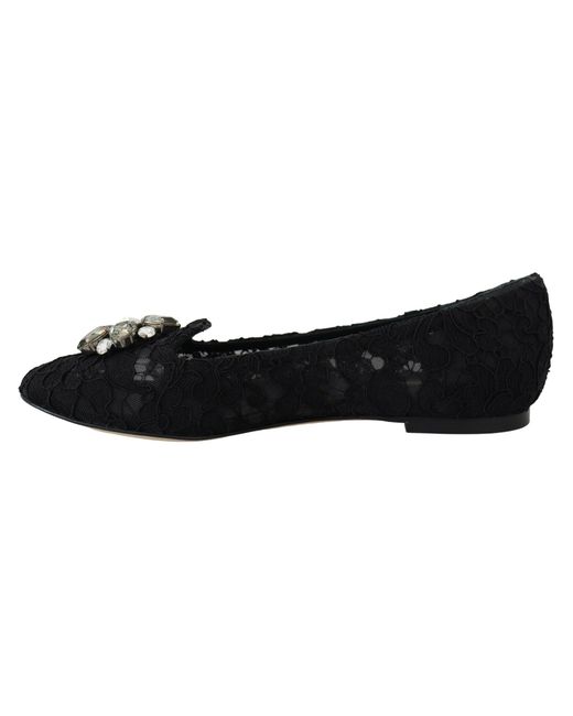Dolce & Gabbana Black Taormina Lace Crystals Flats Shoes