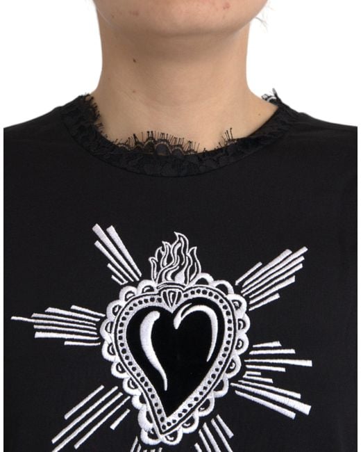 Dolce & Gabbana Black Sacred Heart Print Cotton Lace T-Shirt