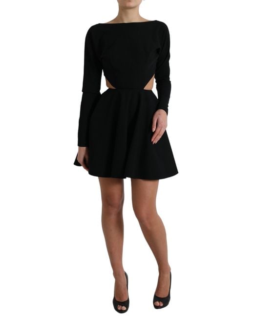 Dolce & Gabbana Black Viscose Cut Out A-Line Long Sleeves Mini Dress