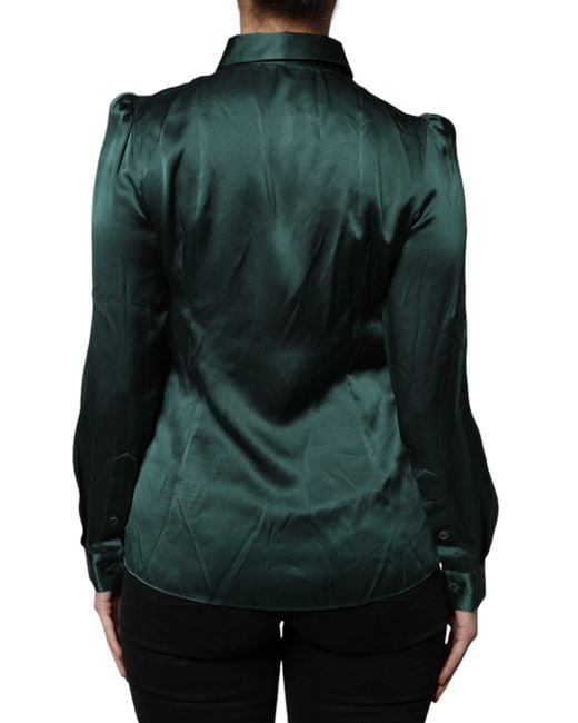 Dolce & Gabbana Green Silk Button Down Long Sleeves Blouse Top