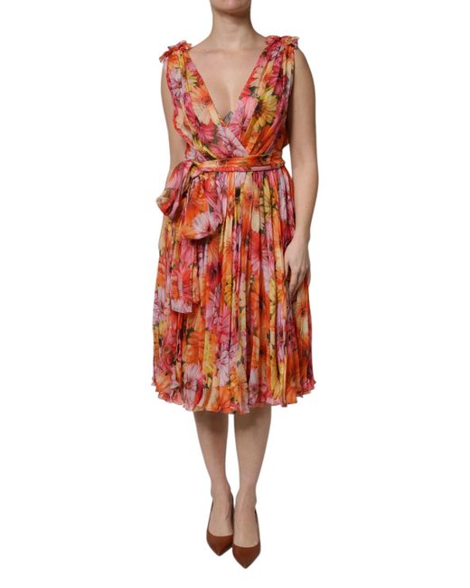 Dolce & Gabbana Red Floral Silk V-Neck Chiffon Dress