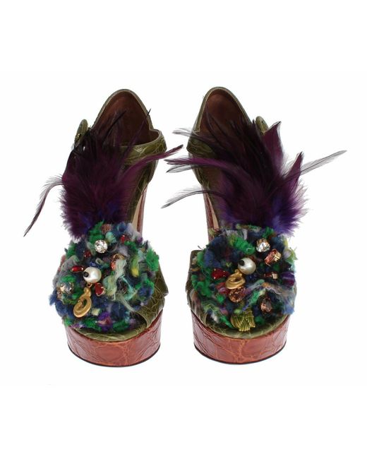 Dolce & Gabbana Green Leather Crystal Platform Sandal Shoes