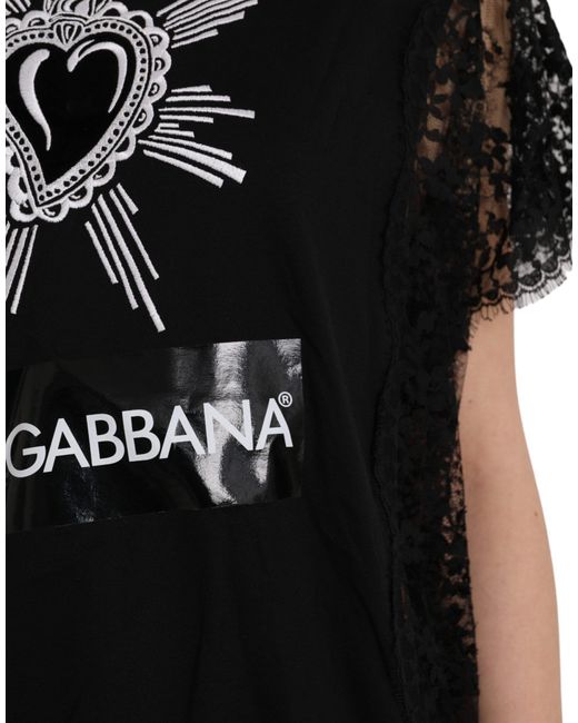 Dolce & Gabbana Black Sacred Heart Print Cotton Lace T-Shirt