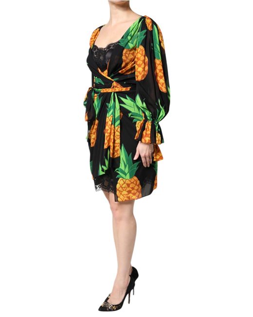 Dolce & Gabbana Black Pineapple Print Wrap Dress