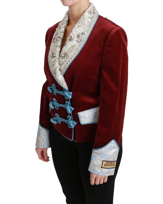 Dolce & Gabbana Red Velvet Baroque Crystal Blazer Jacket