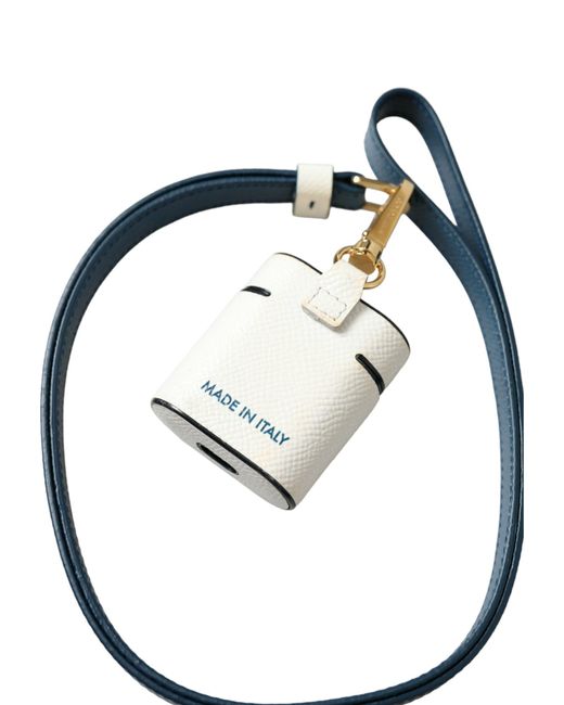 Dolce & Gabbana Blue Calf Leather Logo Print Strap Airpods Case