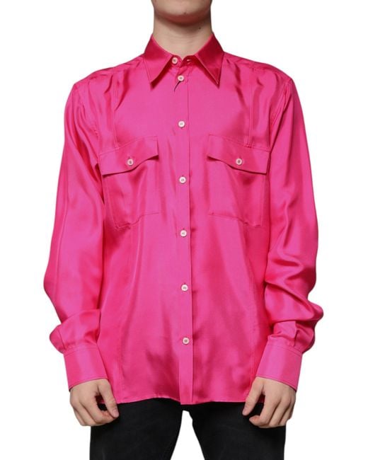 Dolce & Gabbana Pink Silk Collared Button Down Shirt for men