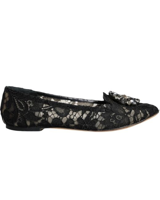 Dolce & Gabbana Black Lace Crystal Ballet Flats Loafer Shoes
