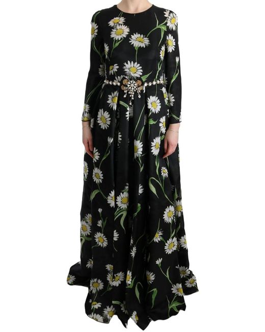 Dolce & Gabbana Black Silk Sunflower Print Long Maxi Dress