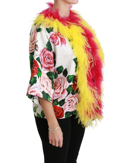Dolce & Gabbana White Floral Coat Capte Fur Roses Jacket