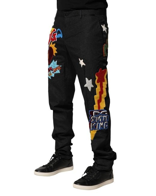 Dolce & Gabbana Black Embroidered Patchwork Pants for men