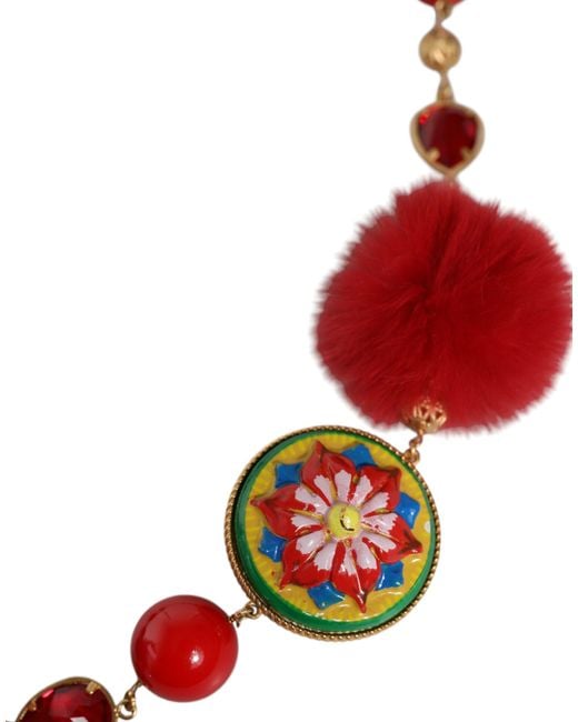 Dolce & Gabbana Gold Brass Red Fur Crystal Waist Torero Belt