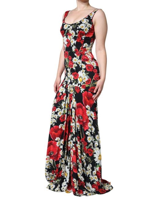Dolce & Gabbana Red Floral Silk Sleeveless Long Gown Dress