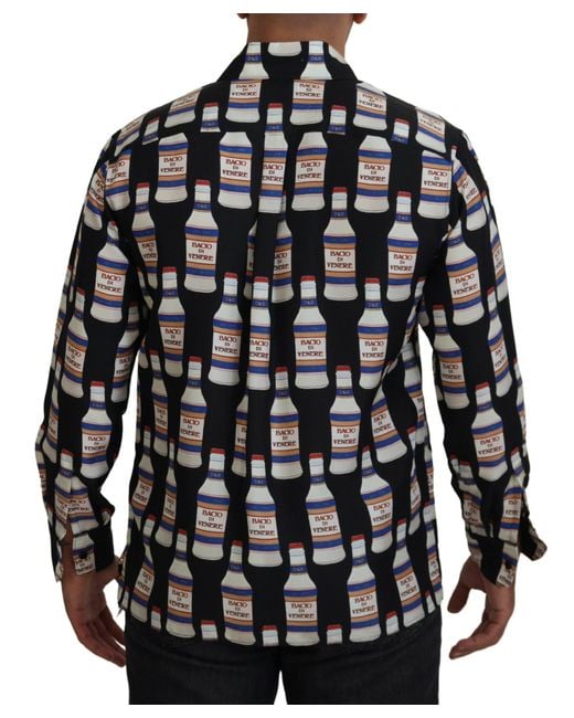 Dolce & Gabbana Black Silk Printed Collared Casual Shirt for men