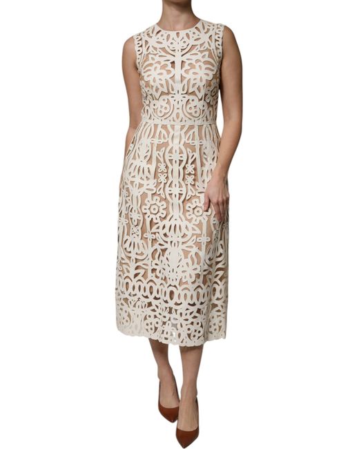 Dolce & Gabbana Natural Floral Lace Midi Dress Laser Cut Style
