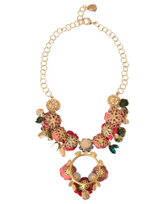 Dolce & Gabbana Red Brass Link Chain Rosepetal Crystal Pendant Necklace