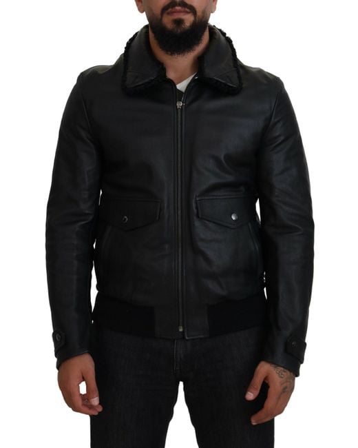 Dolce & Gabbana Black Lamb Leather Collared Coat Jacket for men