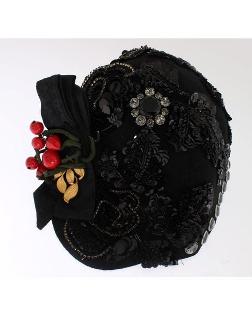 Dolce & Gabbana Black Crystal Cherries Brooch Hat