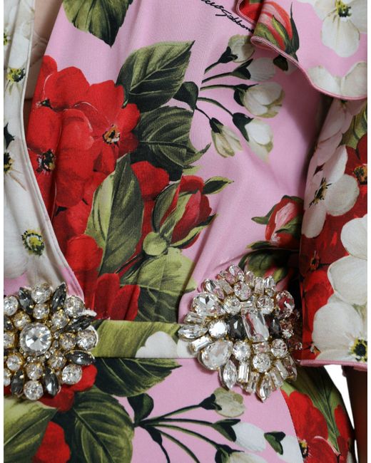 Dolce & Gabbana Red Floral Crystal Embellished A-Line Dress