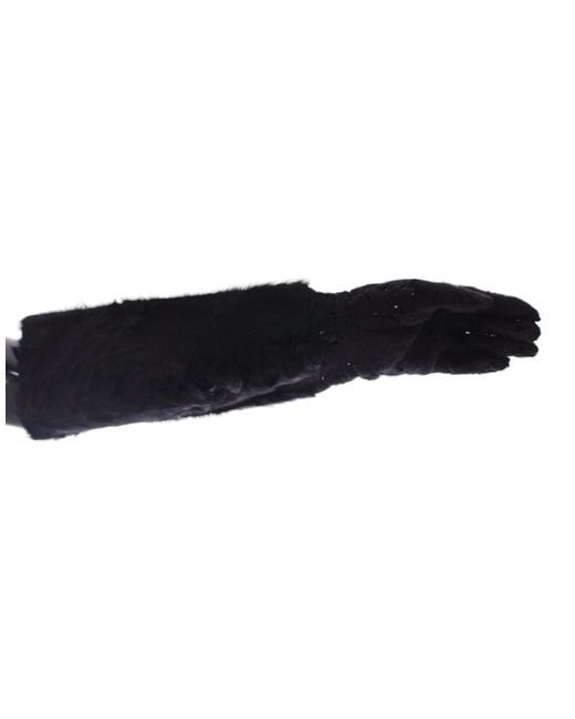 Dolce & Gabbana Black Lace Wool Lambskin Fur Elbow Gloves
