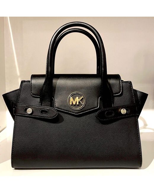 Michael Kors Carmen Black White Leather Medium Flap Satchel Shoulder