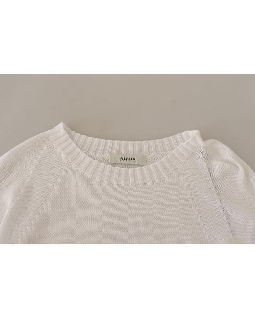 Alpha Studio White Long Sleeves Crewneck Pullover Sweater