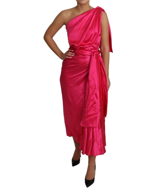 Dolce & Gabbana Red Fitted Cut One Shoulder Midi Dress