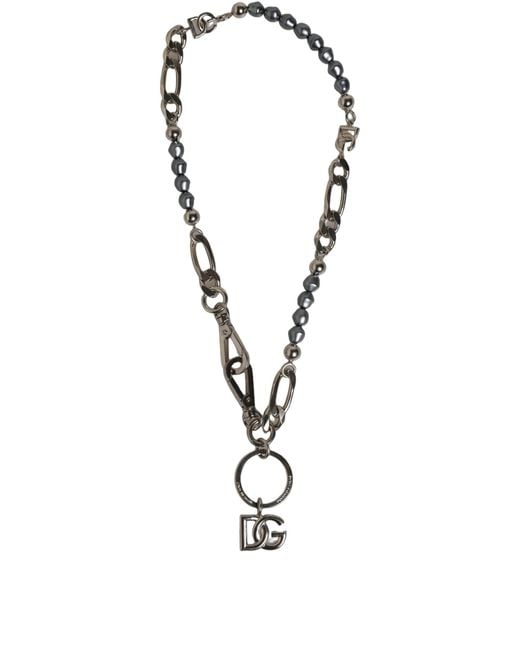 Dolce & Gabbana White Tone Chain Signature Dg Logo Pendant Necklace Brass