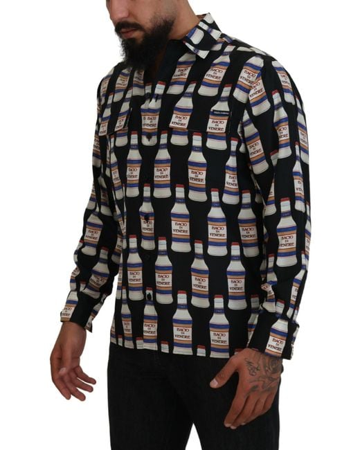 Dolce & Gabbana Black Silk Printed Collared Casual Shirt for men